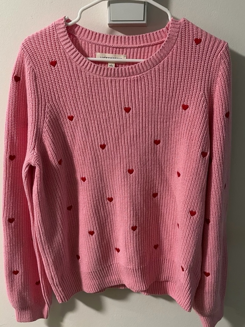 Lucky Brand Pink Heart-Embroidered Crewneck Sweater